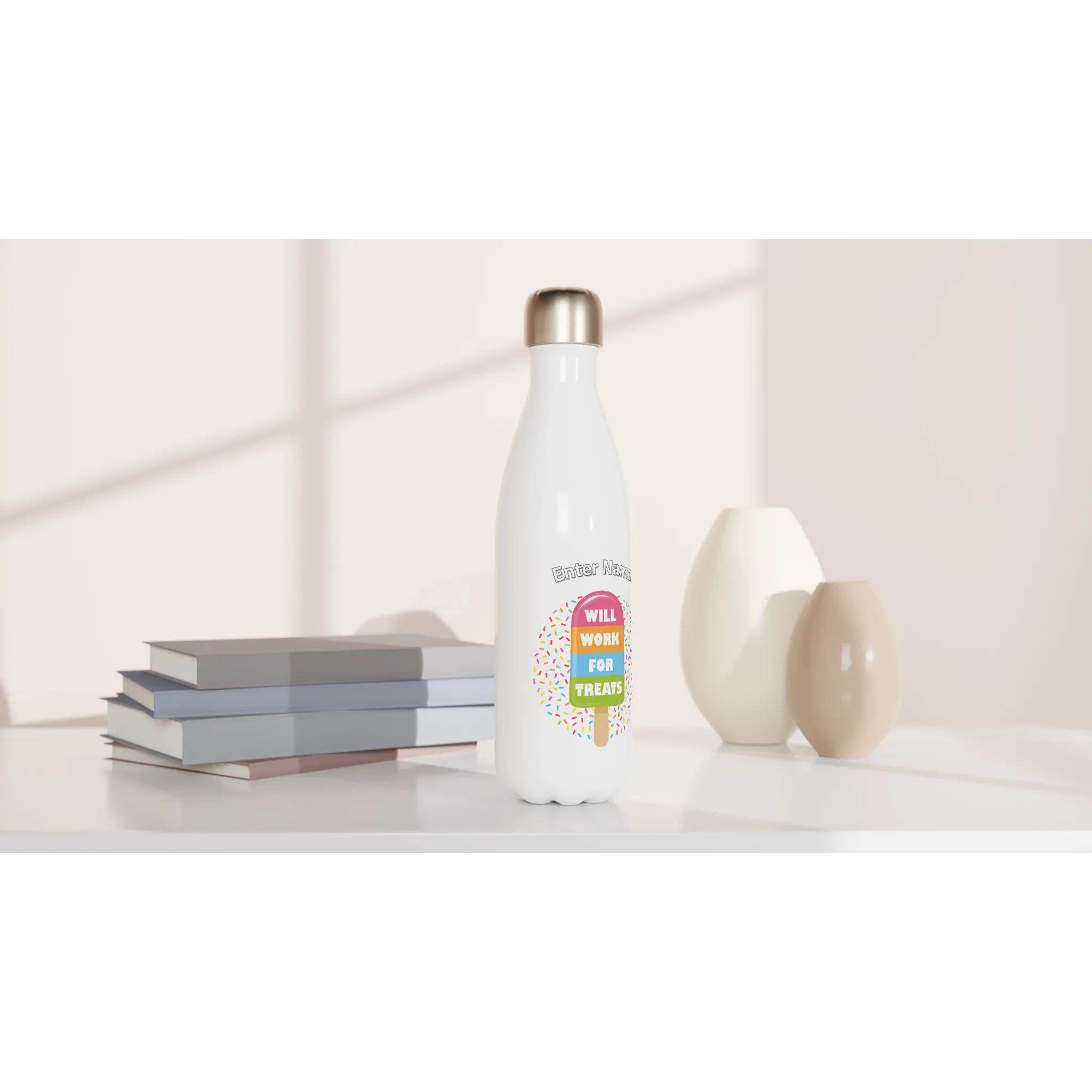 Personalisable White 17oz Stainless Steel Water Bottle - Work For Treats