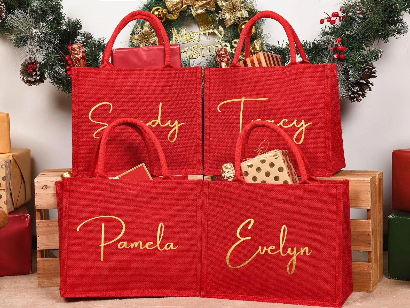 Personalized Christmas Gift Bags, Red Gift Bags,Xmas Gift Bags, Christmas Party Bags,Christmas Sacks,Custom Christmas Gift Bag,Christmas Eve