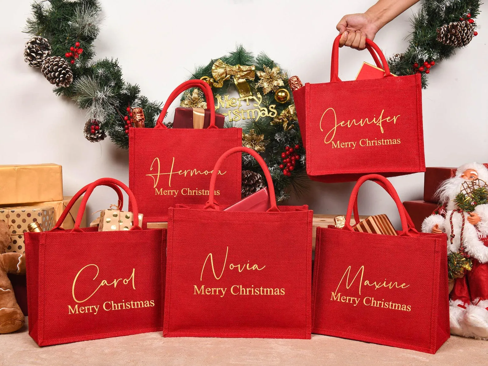 Personalized Christmas Gift Bags, Red Gift Bags,Xmas Gift Bags, Christmas Party Bags,Christmas Sacks,Custom Christmas Gift Bag,Christmas Eve