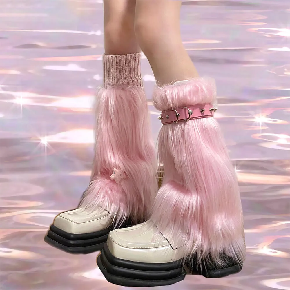 Pink Furry Leg Warmers with Stars and Rivets Ring Decor