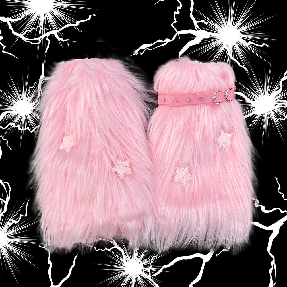 Pink Furry Leg Warmers with Stars and Rivets Ring Decor