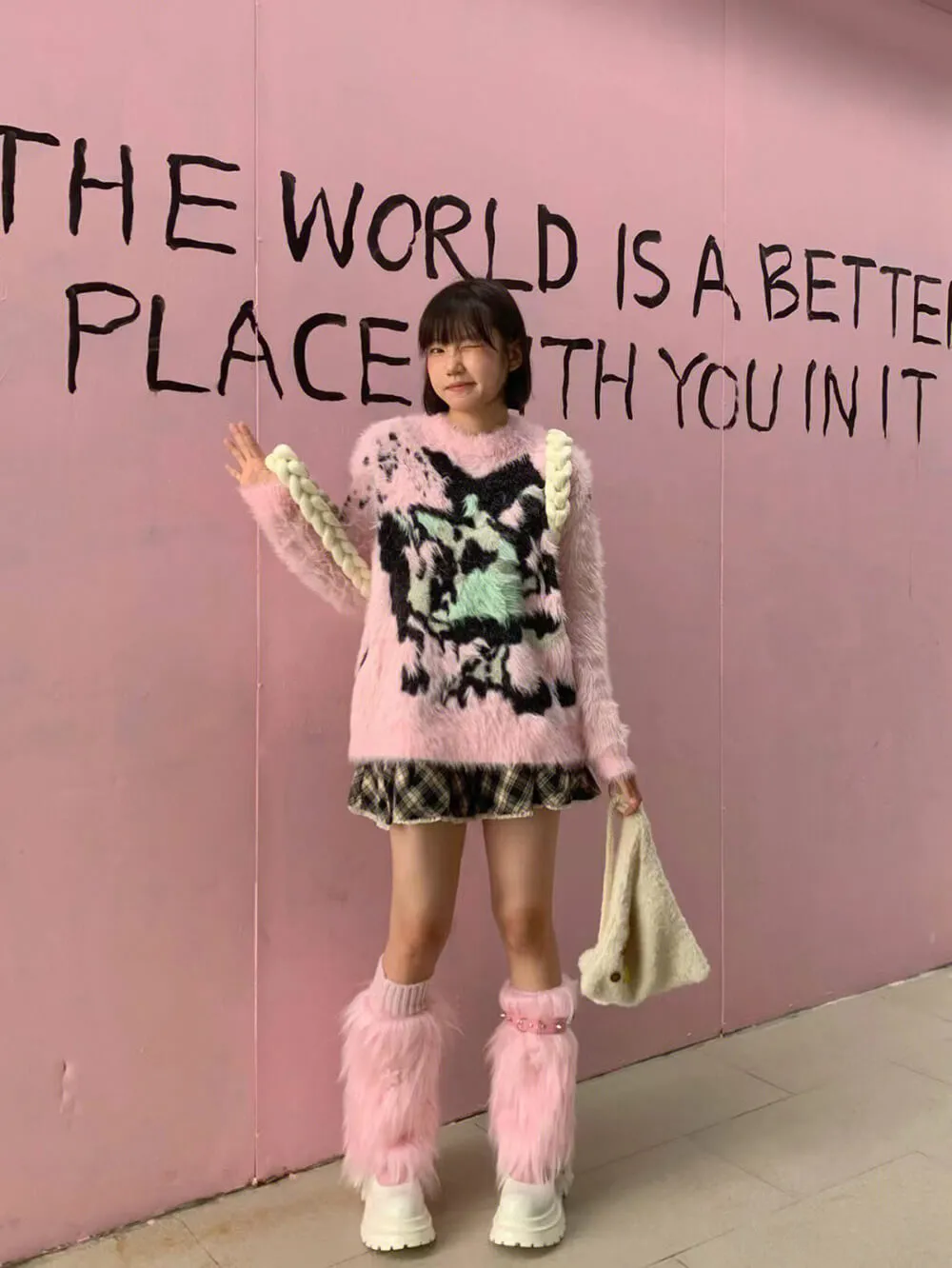 Pink Furry Leg Warmers with Stars and Rivets Ring Decor