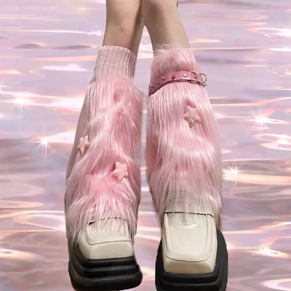 Pink Furry Leg Warmers with Stars and Rivets Ring Decor