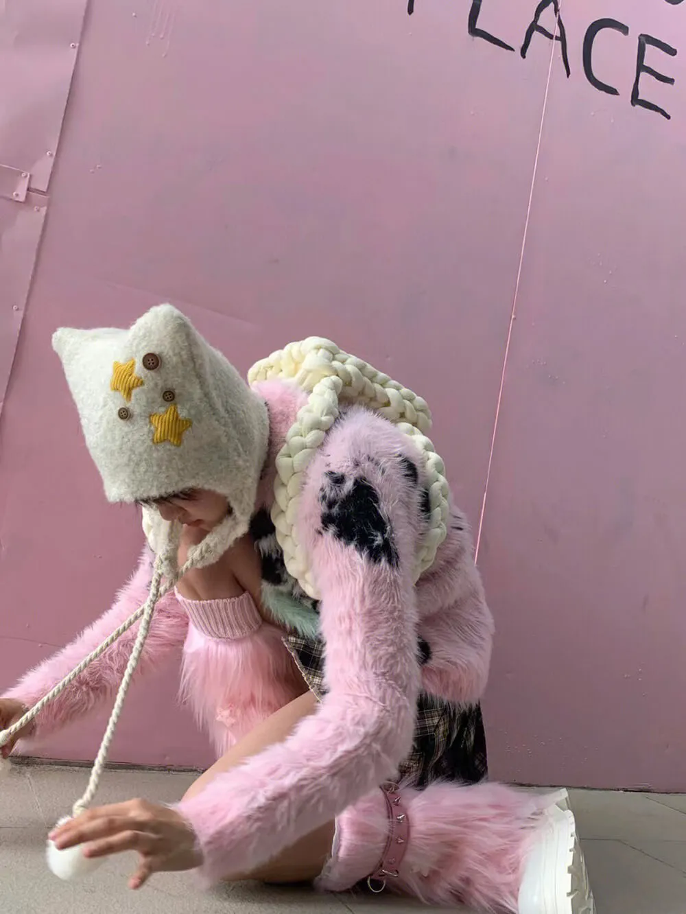 Pink Furry Leg Warmers with Stars and Rivets Ring Decor