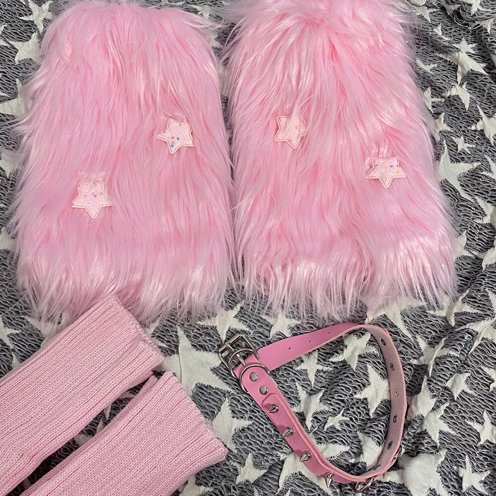 Pink Furry Leg Warmers with Stars and Rivets Ring Decor