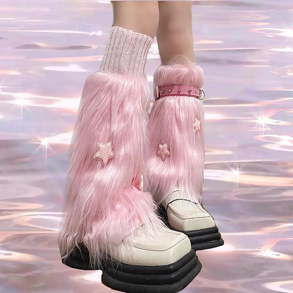 Pink Furry Leg Warmers with Stars and Rivets Ring Decor