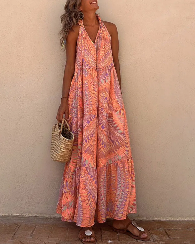 Printed halterneck sleeveless V-neck swing dress