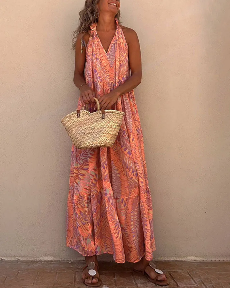 Printed halterneck sleeveless V-neck swing dress