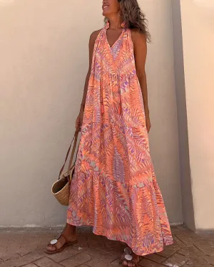 Printed halterneck sleeveless V-neck swing dress