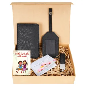 Rakhi Gift Set for Brother_ Essential (Passport Holder, Luggage tag, Keychain, Florakhi, Happy Rakhi Card)