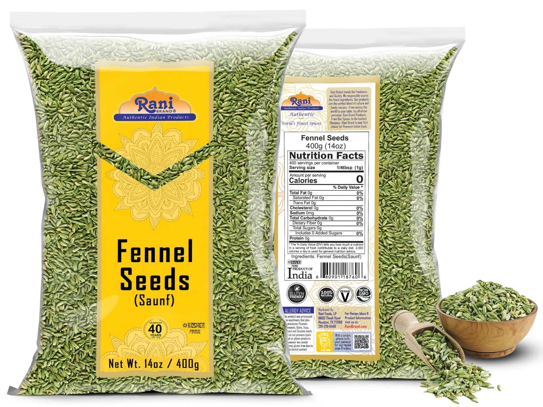 Rani Fennel Seeds (Saunf Sabut) Whole Spice 14oz (400g) All Natural ~ Gluten Friendly | NON-GMO | Kosher | Vegan | Indian Origin