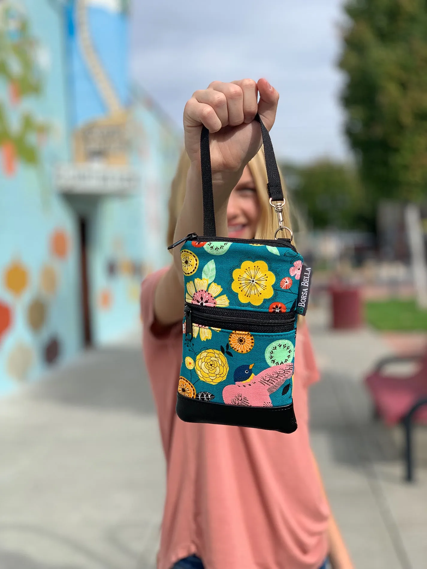 Short Zip Phone Bag - Wristlet Converts to Cross Body Purse - Kismet Fabric