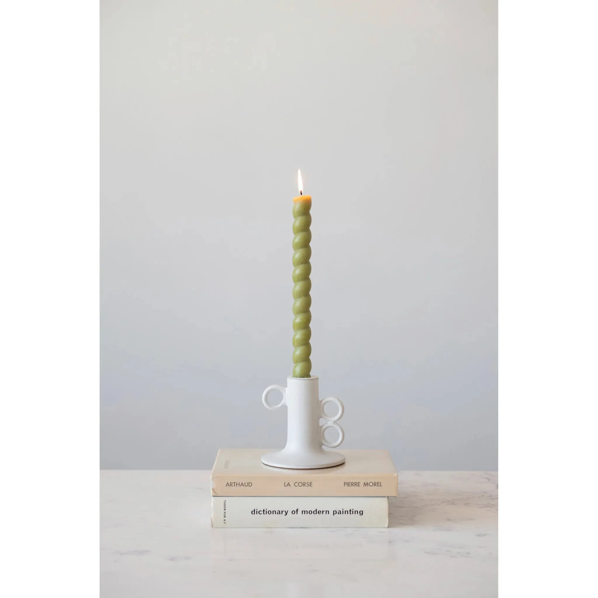 STONEWARE TAPER HOLDER WITH HANDLES