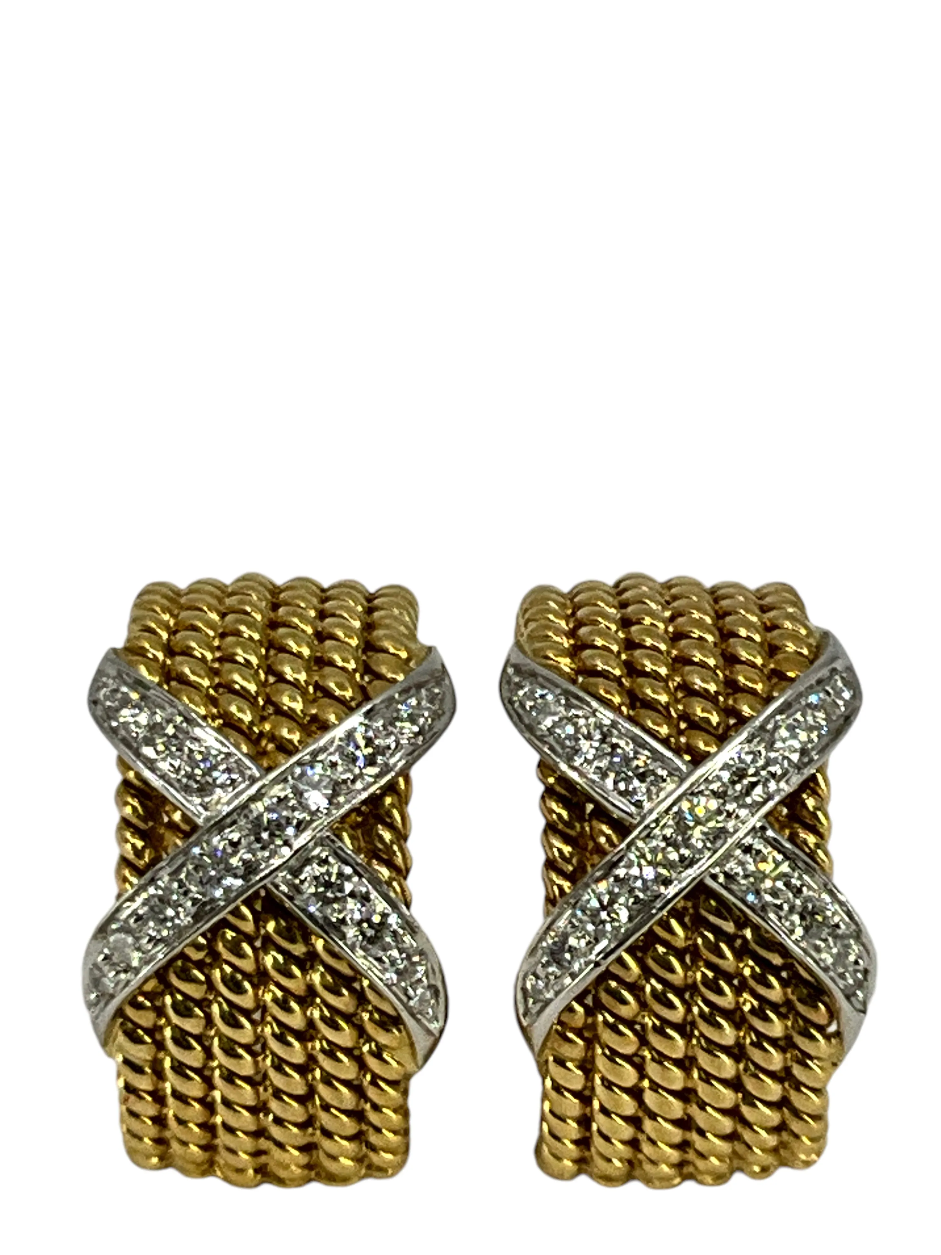 Tiffany & Co. Schlumberger Rope Six Row X Diamond & Platinum 18K Yellow Gold Ear Clips