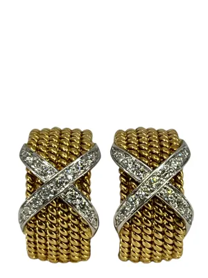 Tiffany & Co. Schlumberger Rope Six Row X Diamond & Platinum 18K Yellow Gold Ear Clips