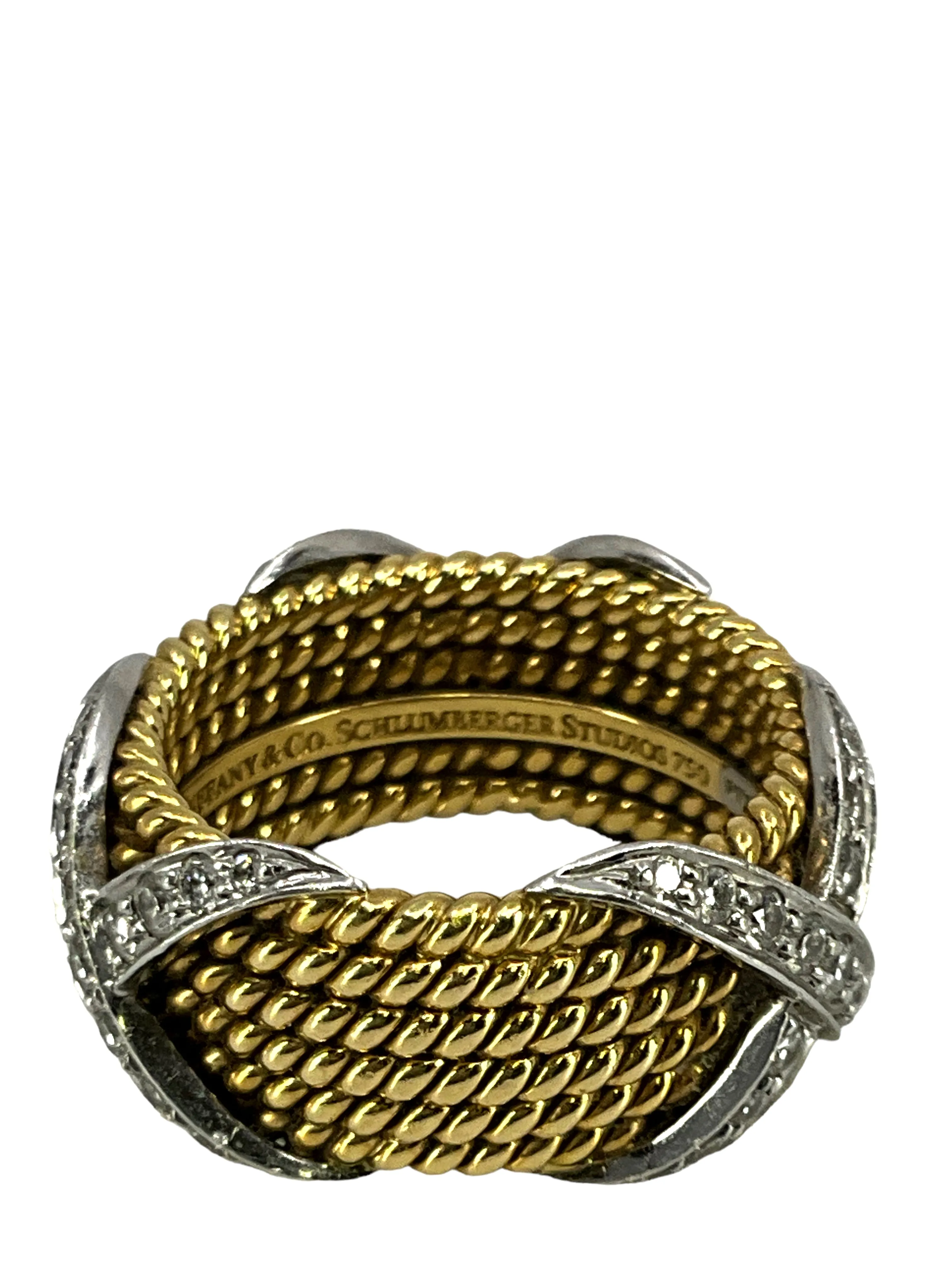 Tiffany & Co. Schlumberger Six Row X Diamond Ring Platinum 18K Yellow Gold Ring Size 6