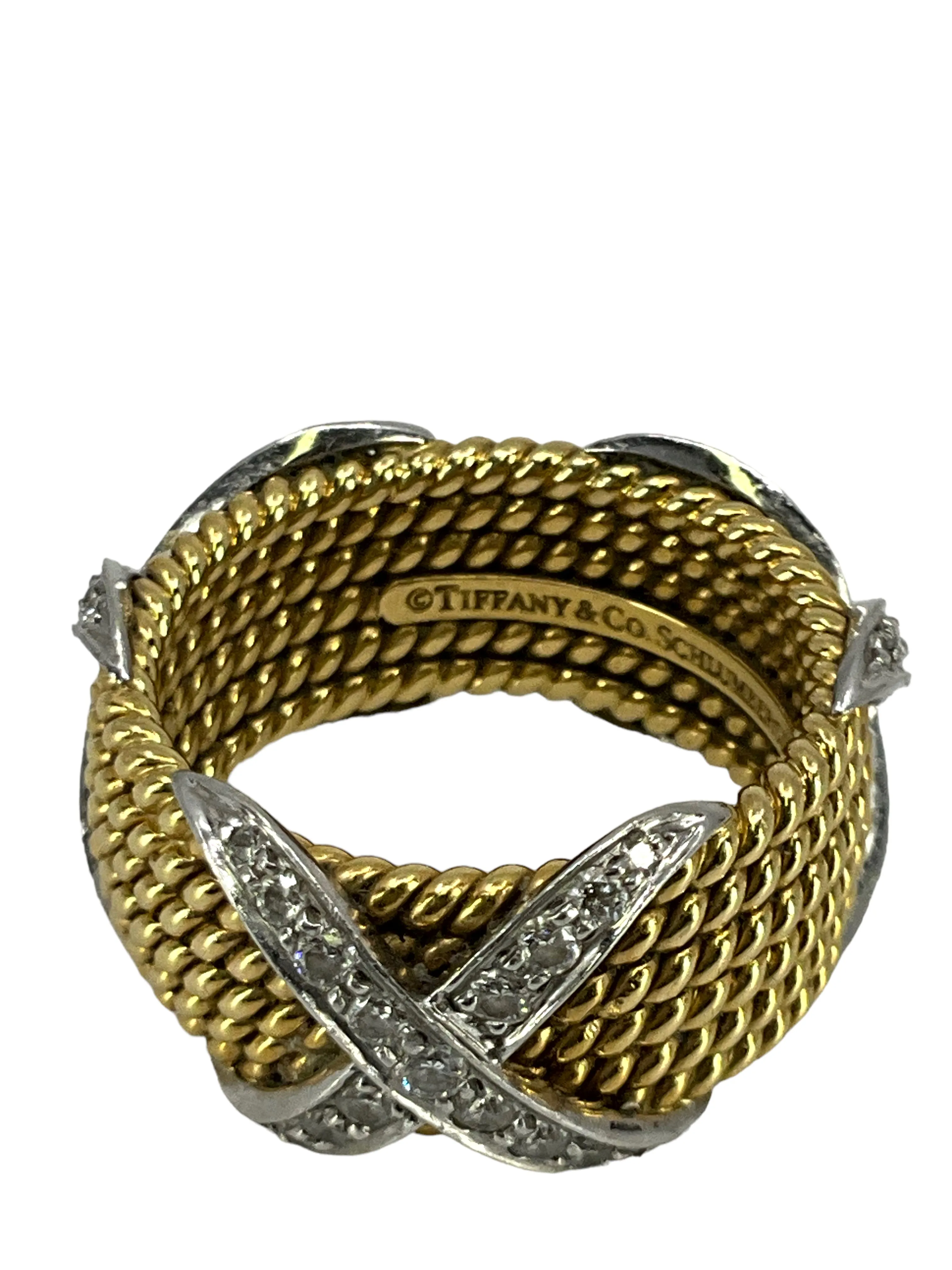 Tiffany & Co. Schlumberger Six Row X Diamond Ring Platinum 18K Yellow Gold Ring Size 6
