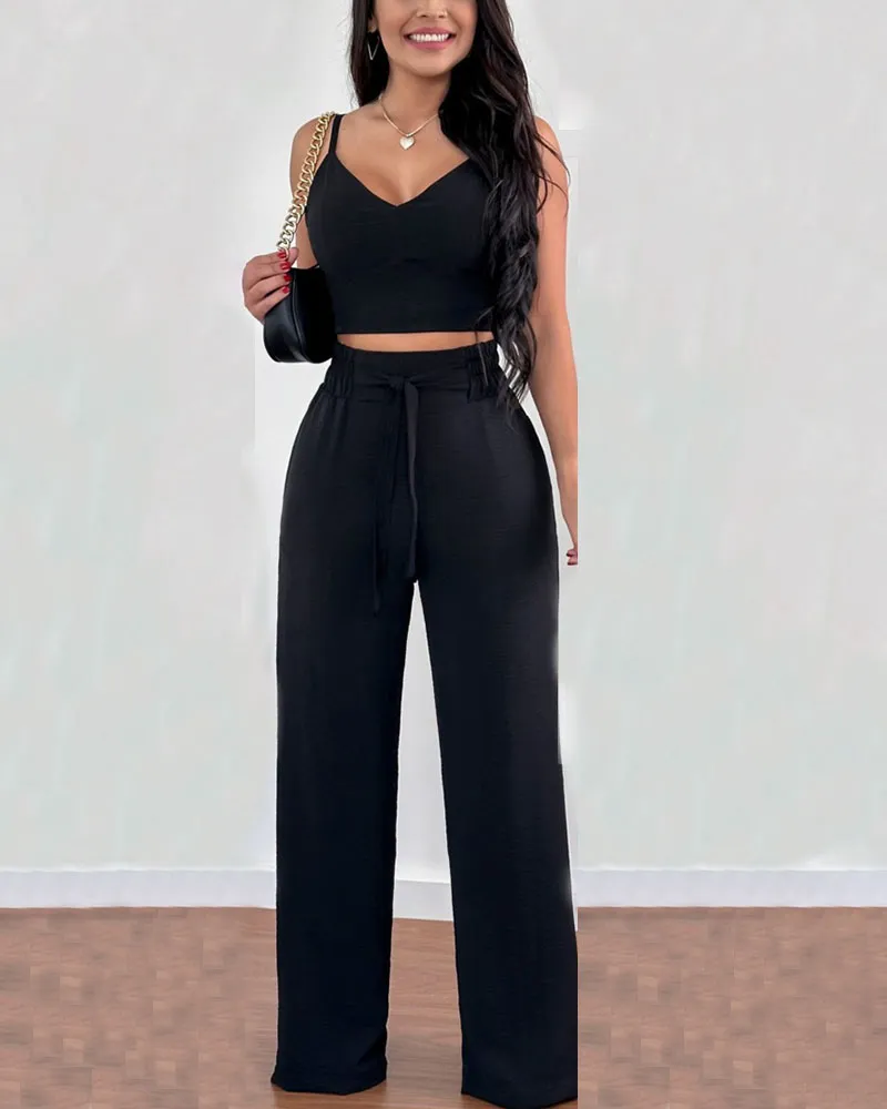 V Neck Cropped Vest Tether High Waist Casual Set
