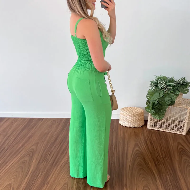 V Neck Cropped Vest Tether High Waist Casual Set