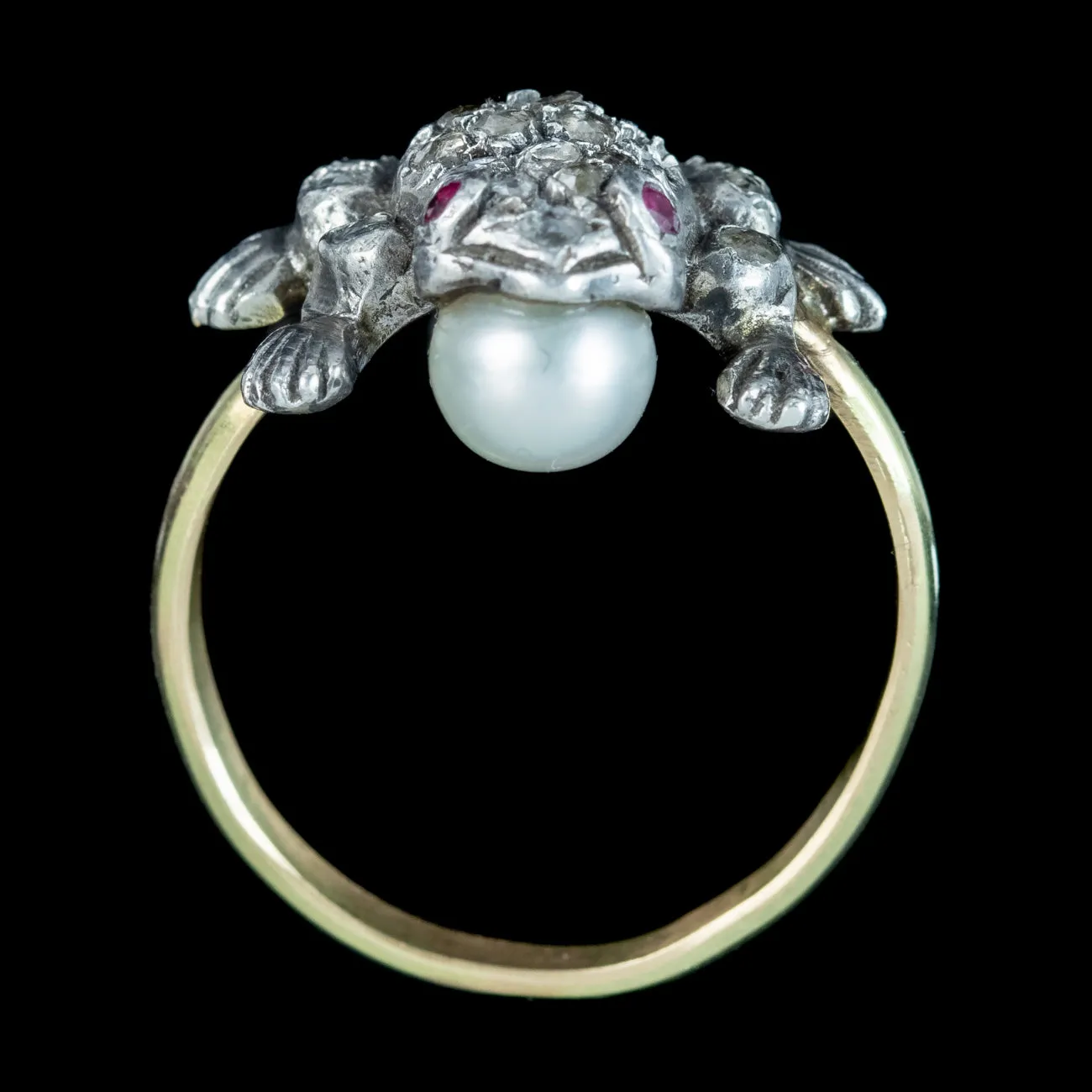 Victorian Style Diamond Pearl Frog Ring Ruby Eyes