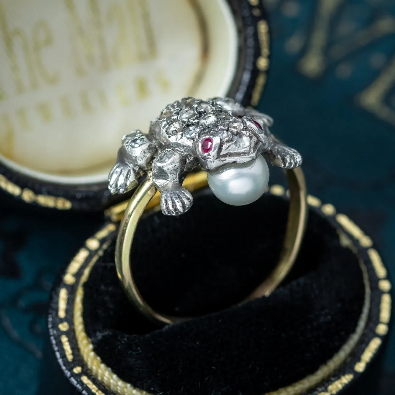 Victorian Style Diamond Pearl Frog Ring Ruby Eyes