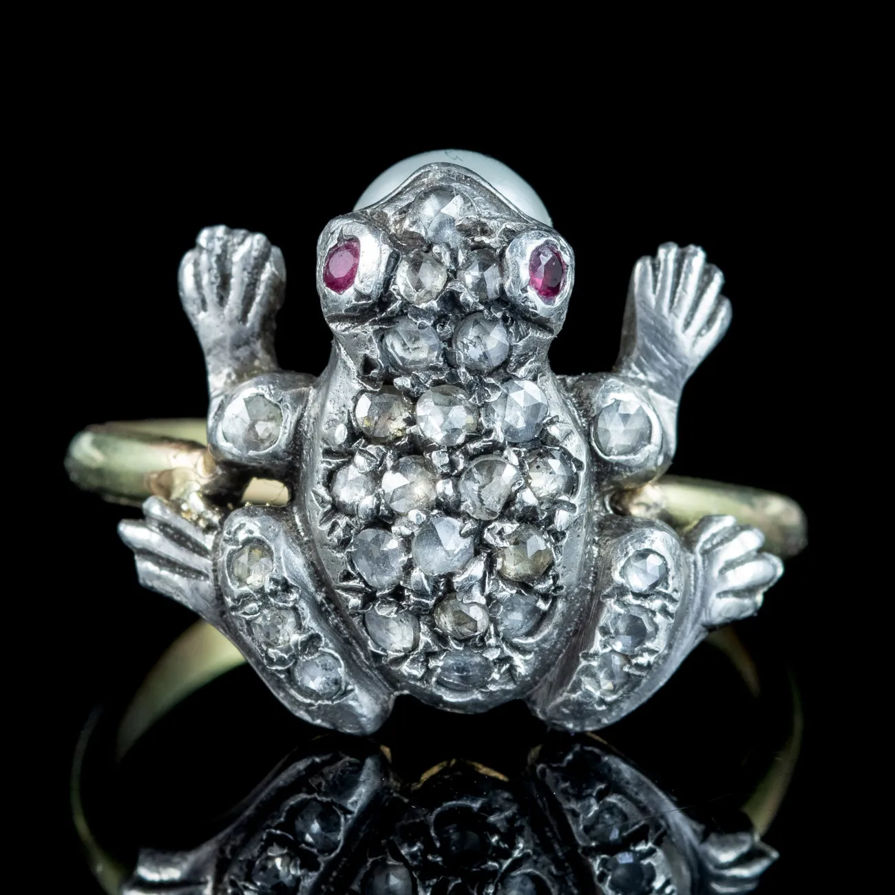 Victorian Style Diamond Pearl Frog Ring Ruby Eyes