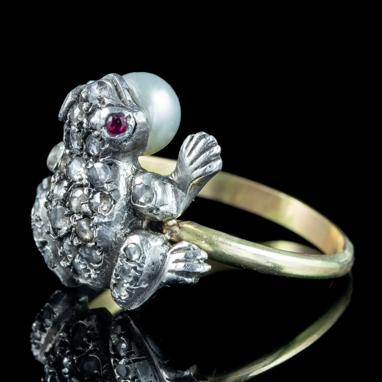 Victorian Style Diamond Pearl Frog Ring Ruby Eyes
