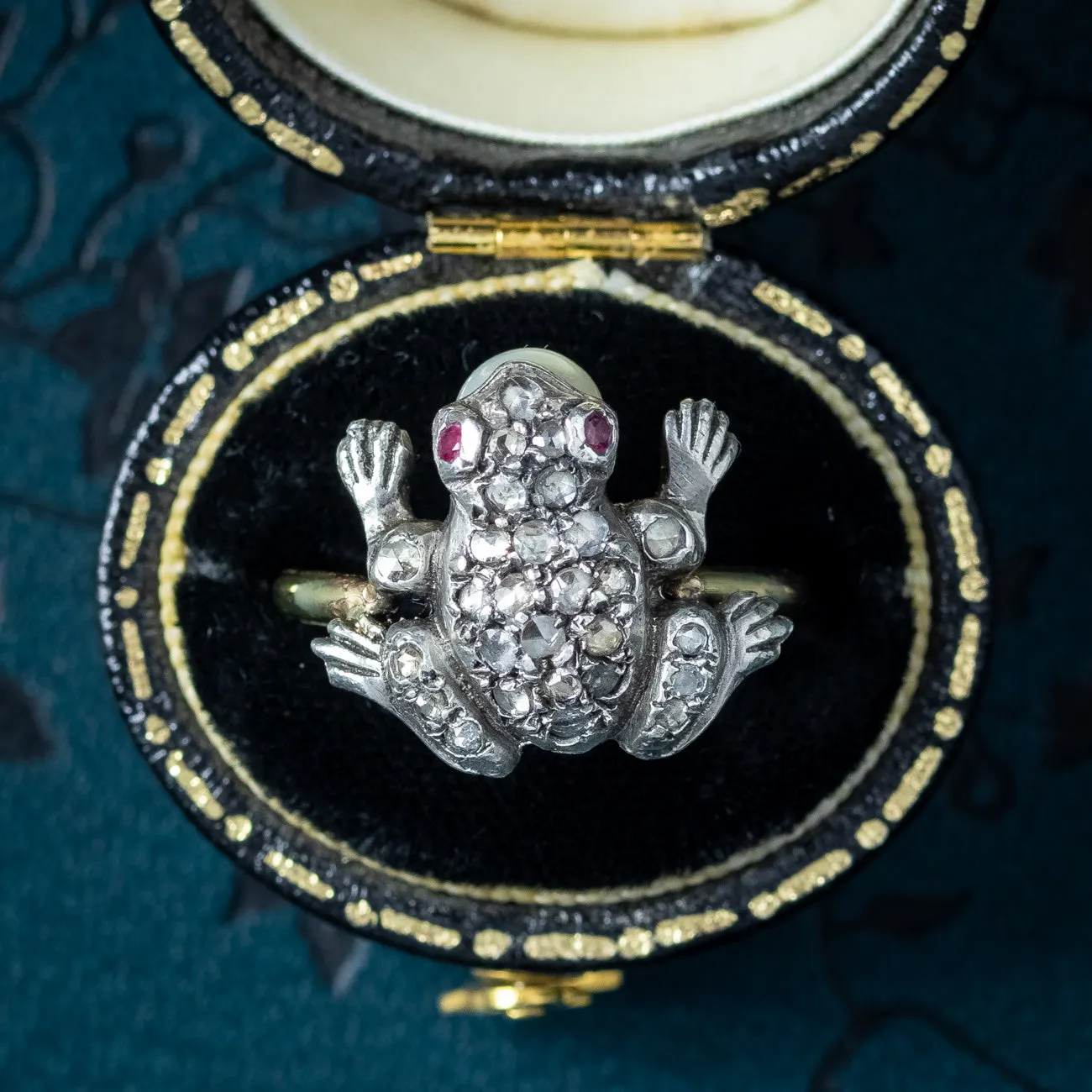 Victorian Style Diamond Pearl Frog Ring Ruby Eyes