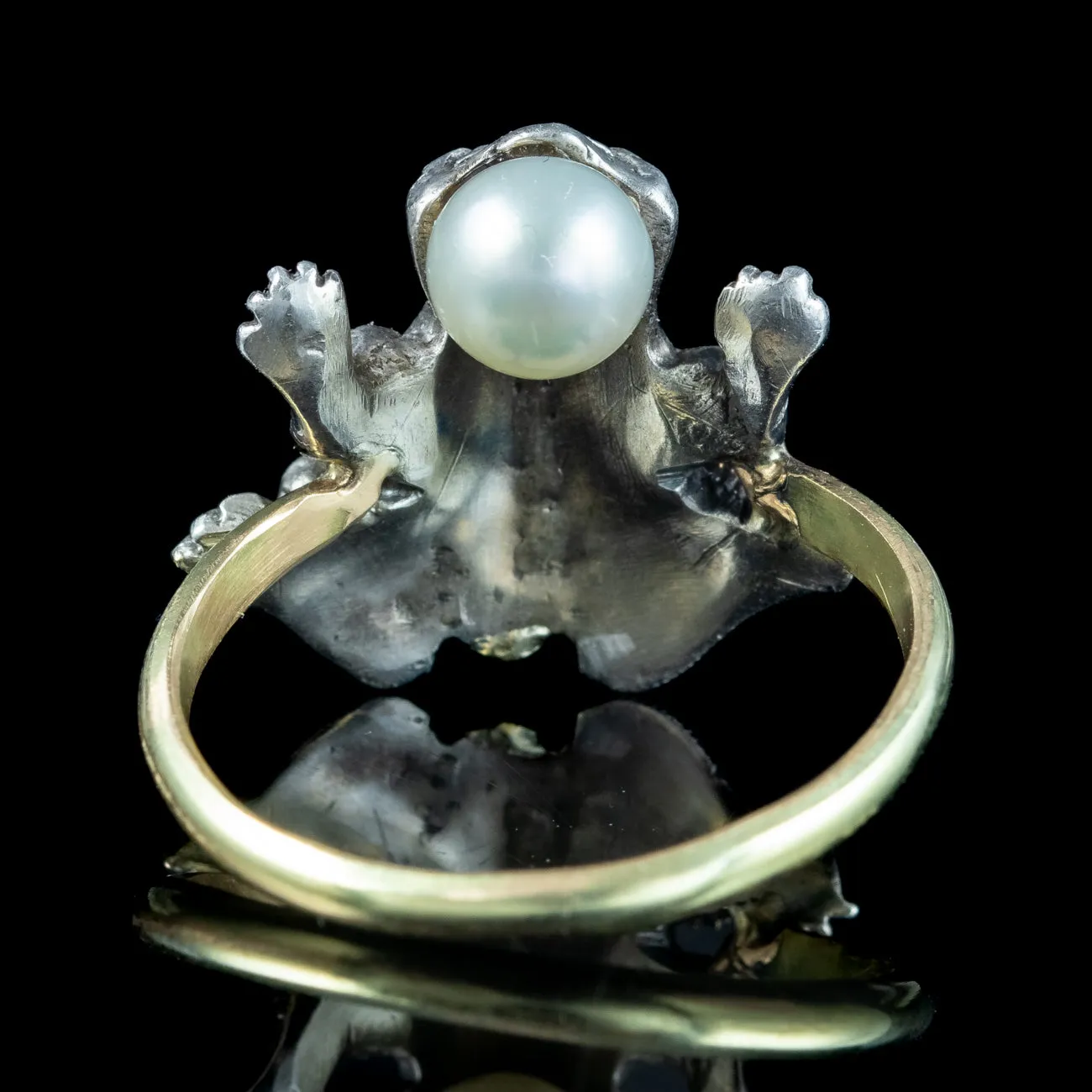 Victorian Style Diamond Pearl Frog Ring Ruby Eyes