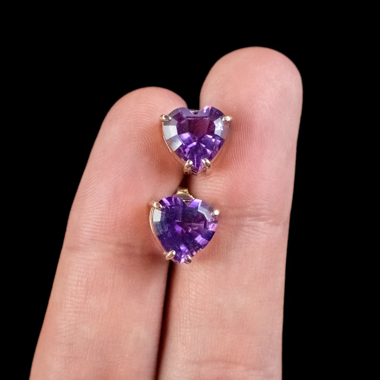Vintage Amethyst Heart Stud Earrings 14ct Gold