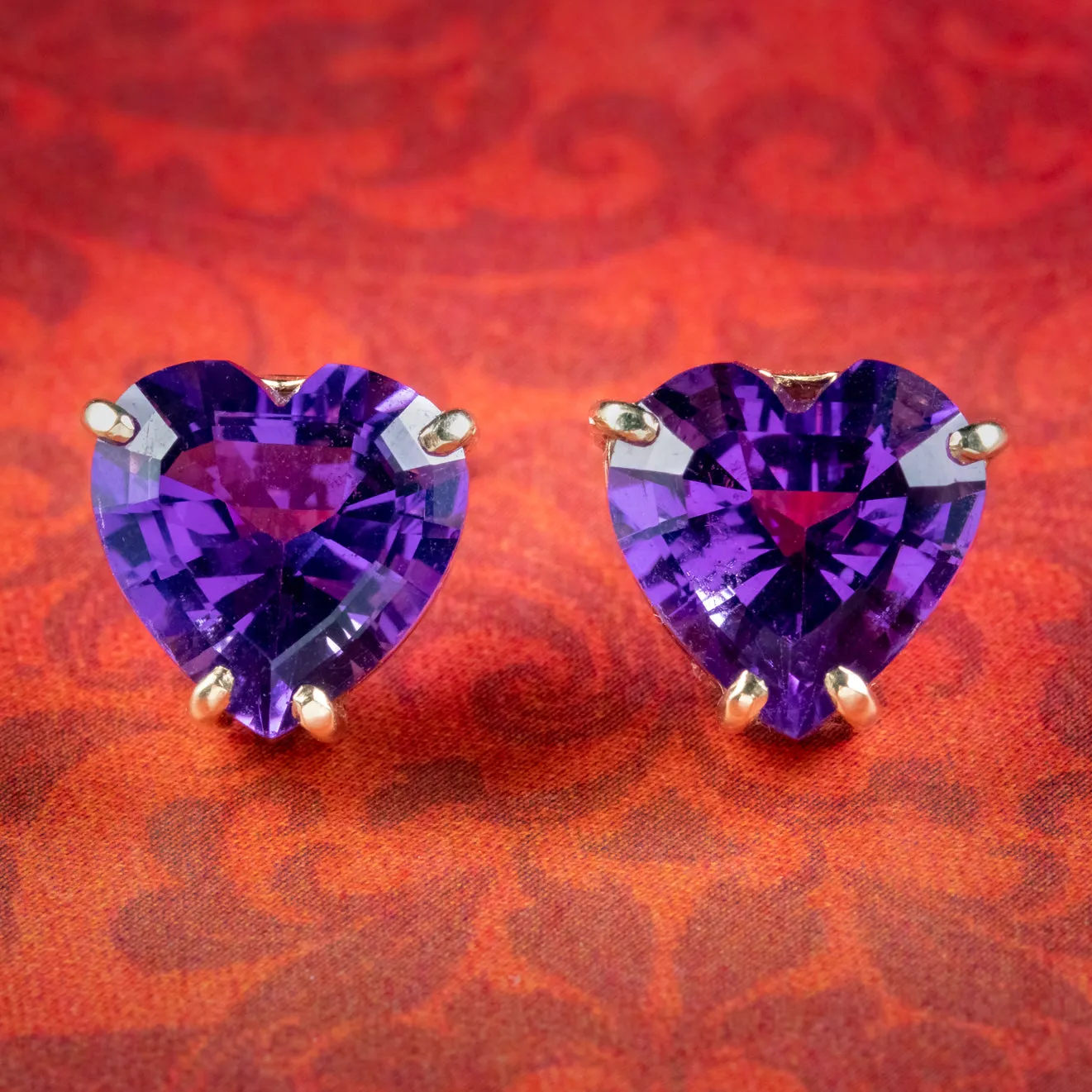 Vintage Amethyst Heart Stud Earrings 14ct Gold