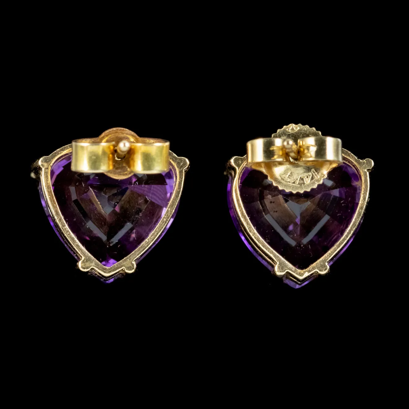Vintage Amethyst Heart Stud Earrings 14ct Gold
