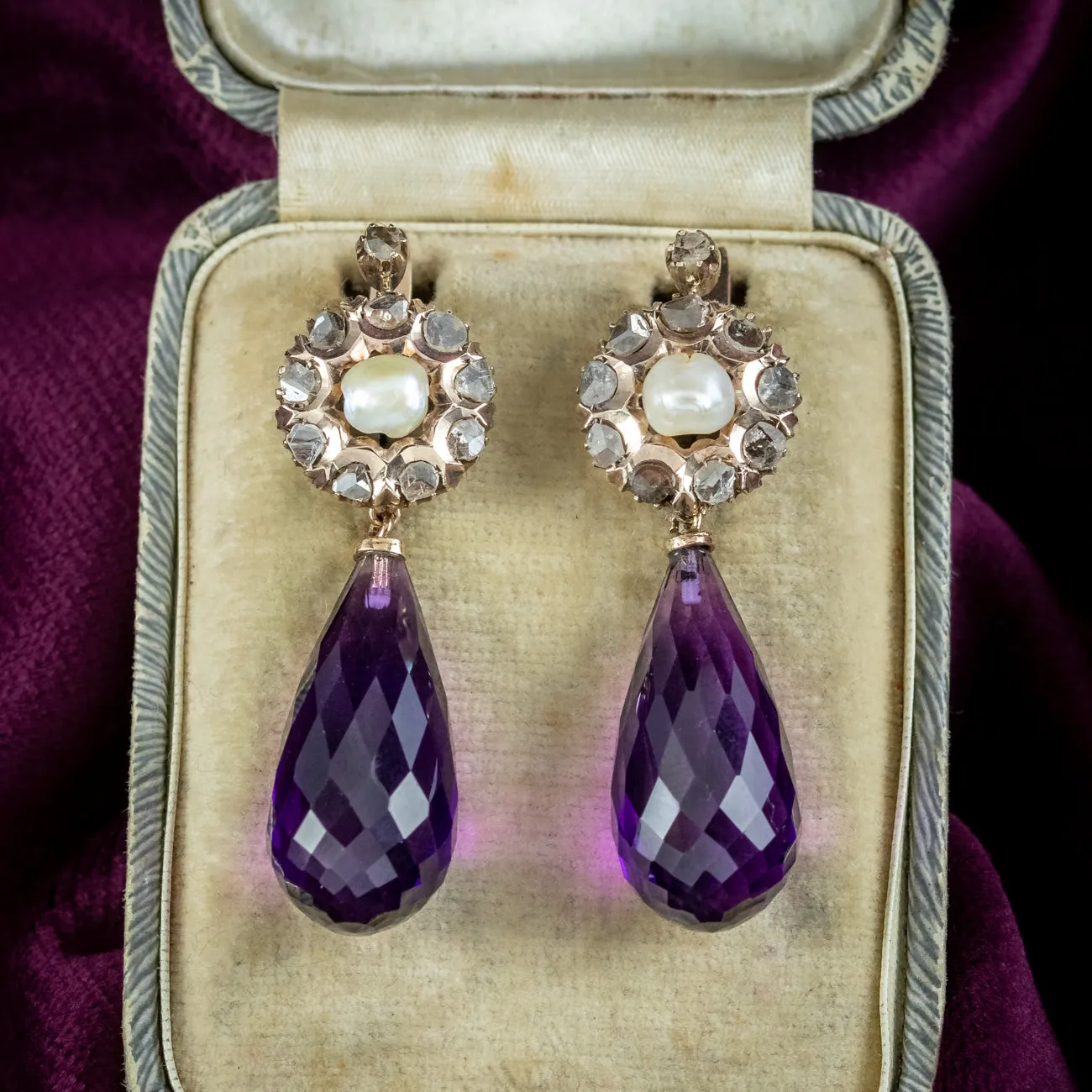 Vintage Amethyst Pearl Diamond Drop Earrings 14ct Gold