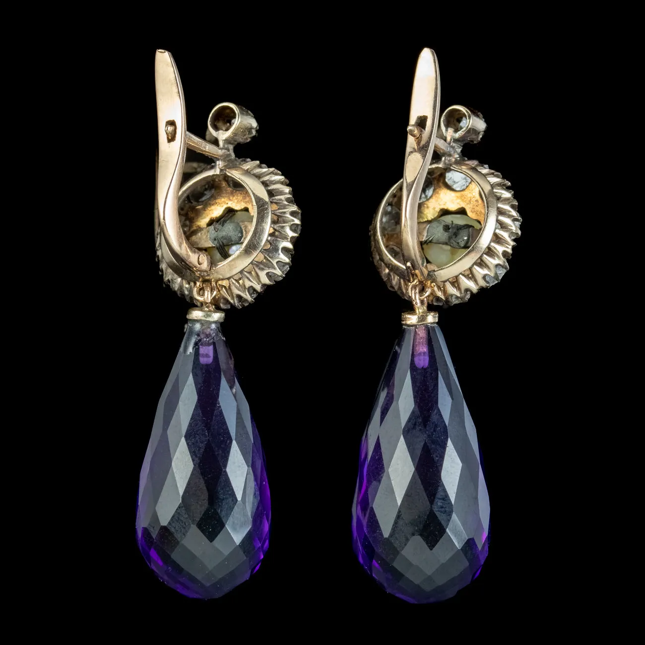 Vintage Amethyst Pearl Diamond Drop Earrings 14ct Gold
