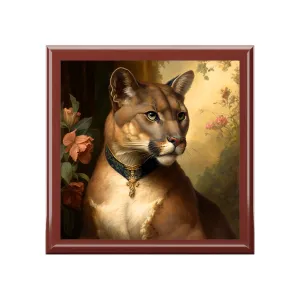 Vintage Antique Mountain Lion Puma Portrait Wood Keepsake Jewelry Box with Ceramic Tile Cover