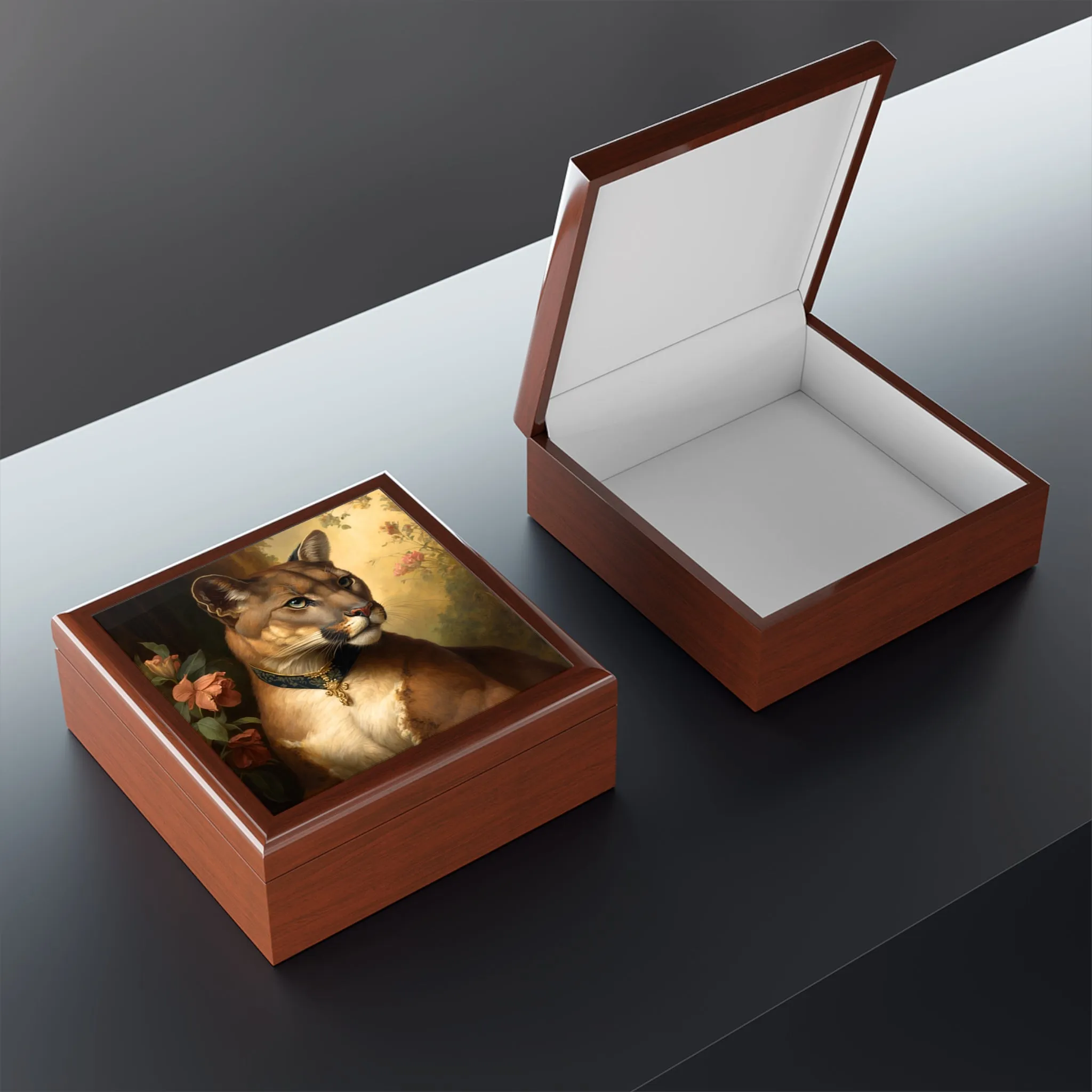 Vintage Antique Mountain Lion Puma Portrait Wood Keepsake Jewelry Box with Ceramic Tile Cover