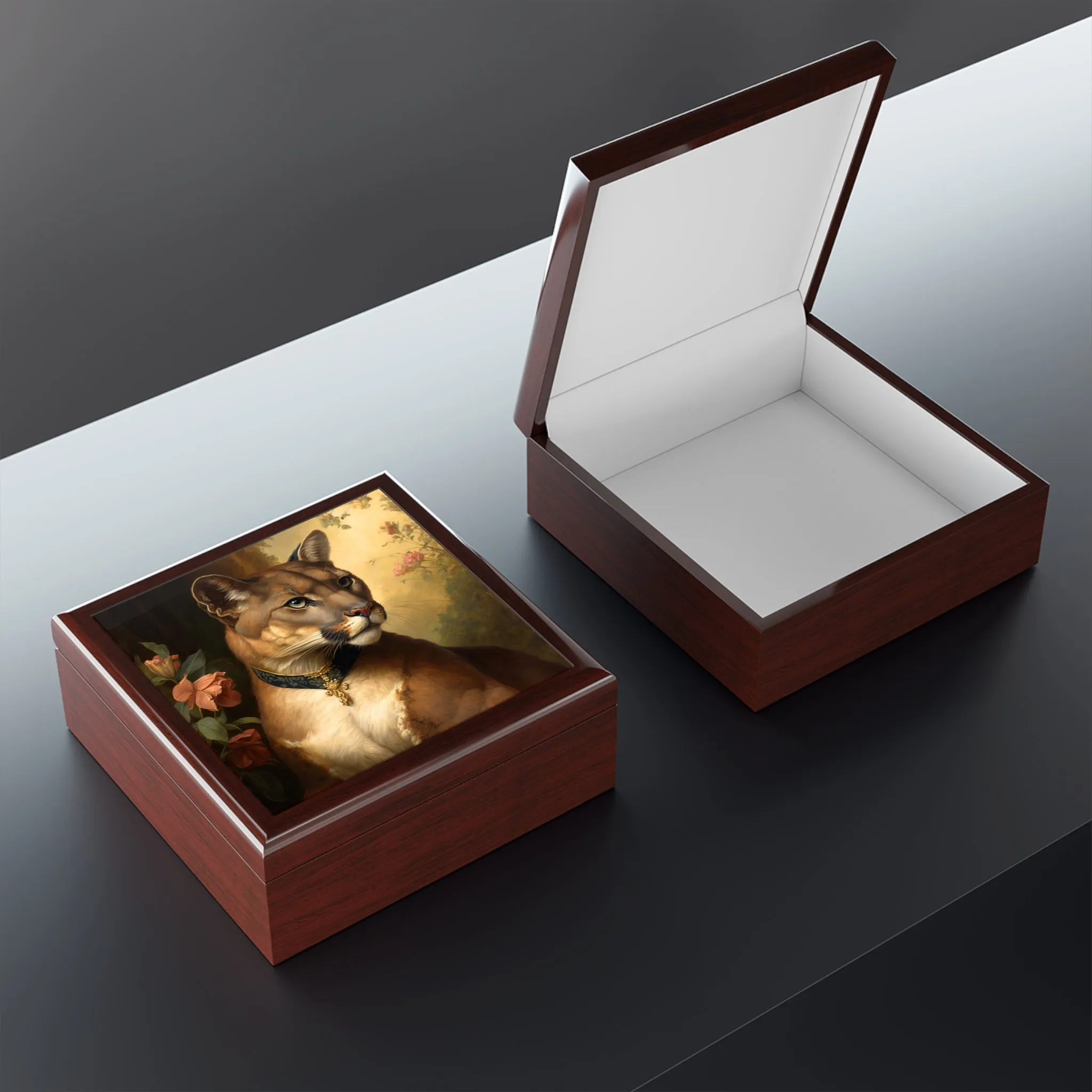 Vintage Antique Mountain Lion Puma Portrait Wood Keepsake Jewelry Box with Ceramic Tile Cover