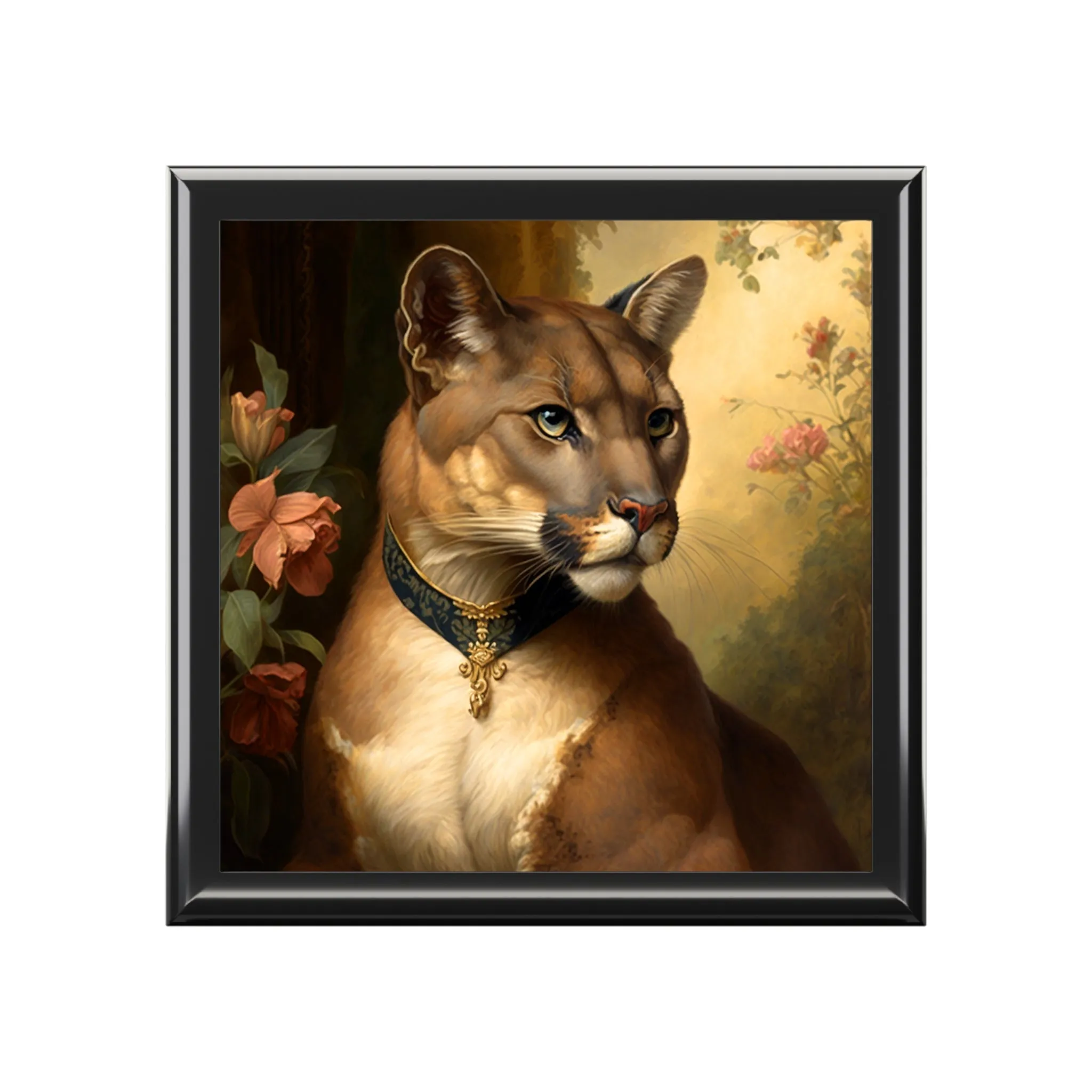 Vintage Antique Mountain Lion Puma Portrait Wood Keepsake Jewelry Box with Ceramic Tile Cover