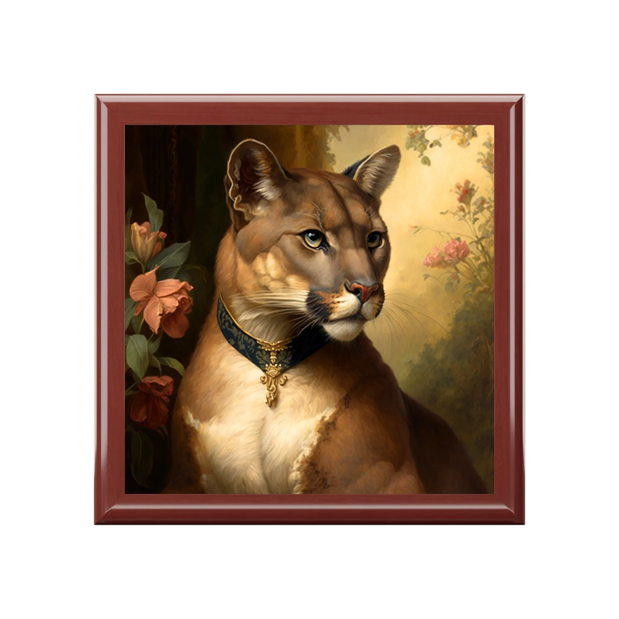 Vintage Antique Mountain Lion Puma Portrait Wood Keepsake Jewelry Box with Ceramic Tile Cover