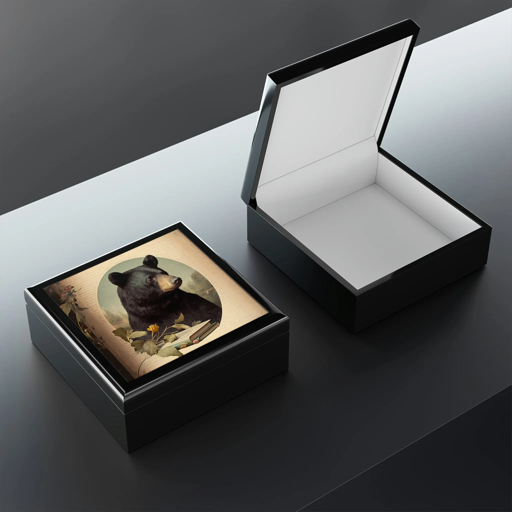 Vintage Black Bear Portrait Wooden Keepsake Jewelry Box