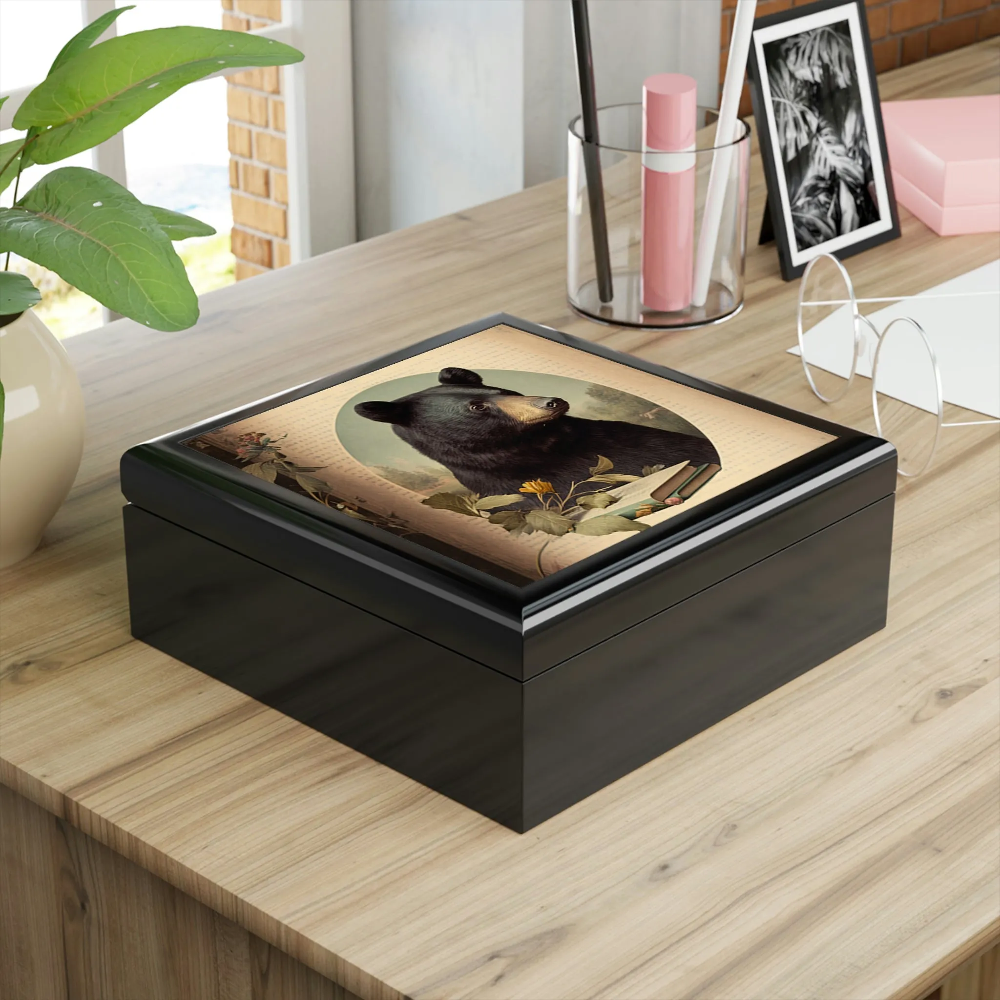 Vintage Black Bear Portrait Wooden Keepsake Jewelry Box