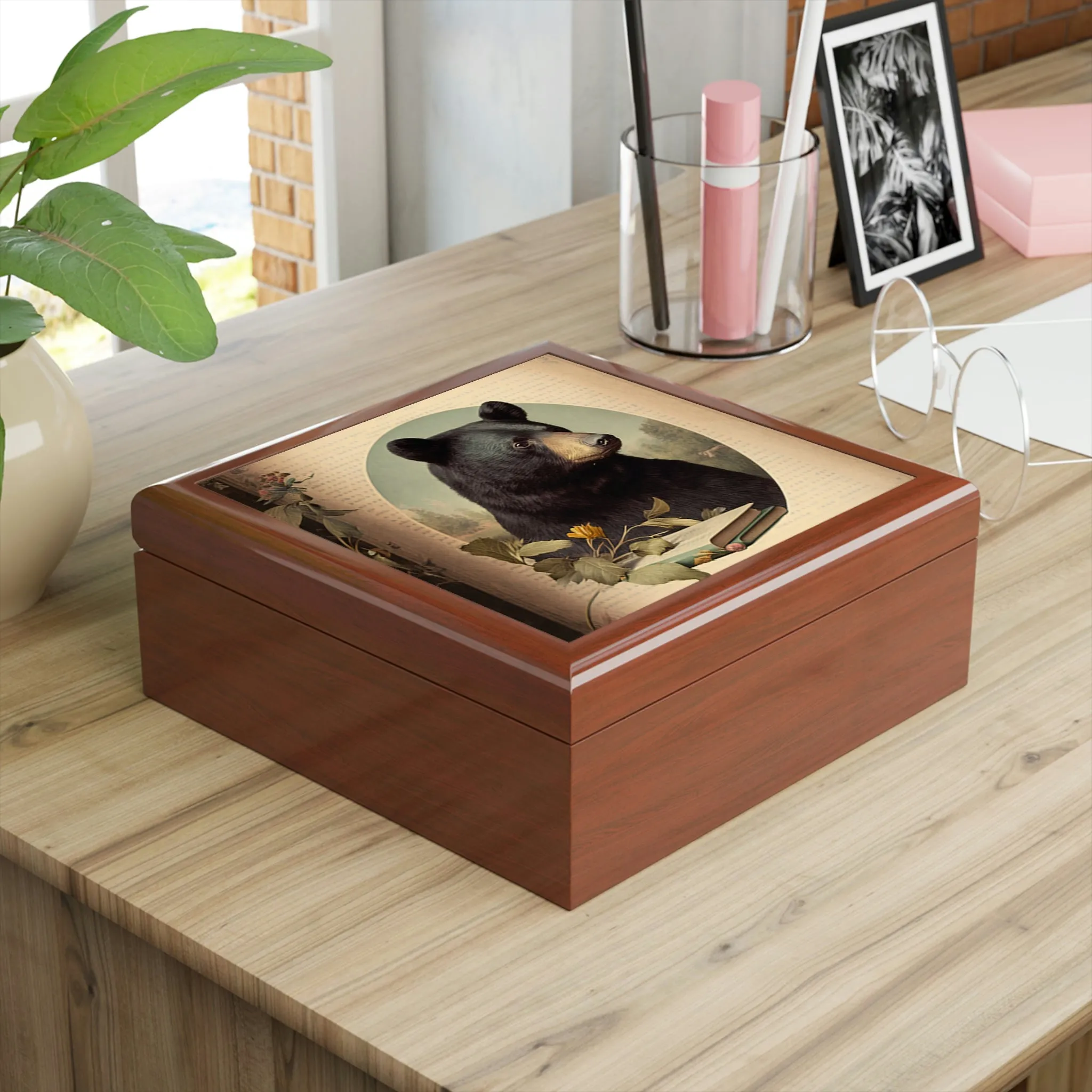 Vintage Black Bear Portrait Wooden Keepsake Jewelry Box
