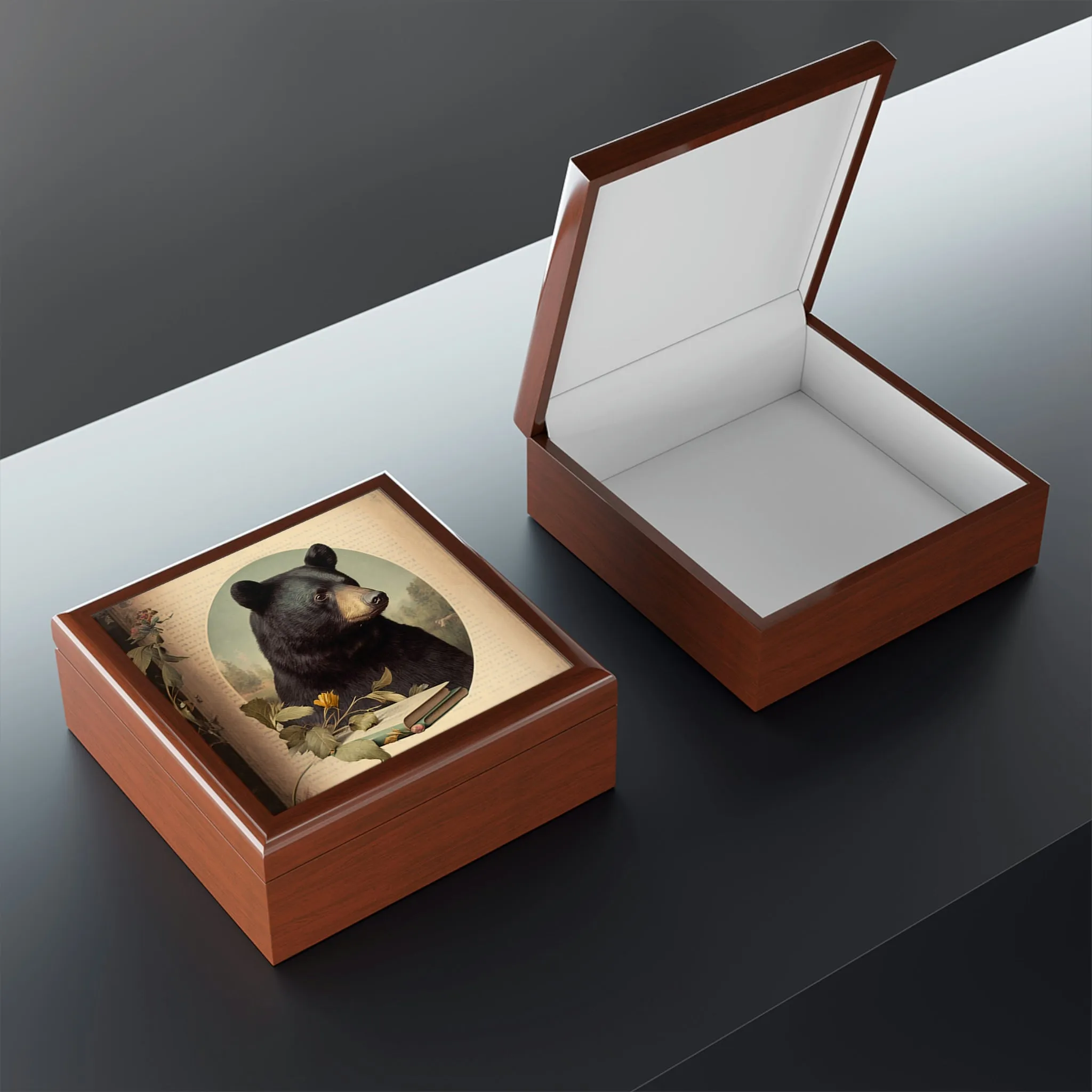 Vintage Black Bear Portrait Wooden Keepsake Jewelry Box