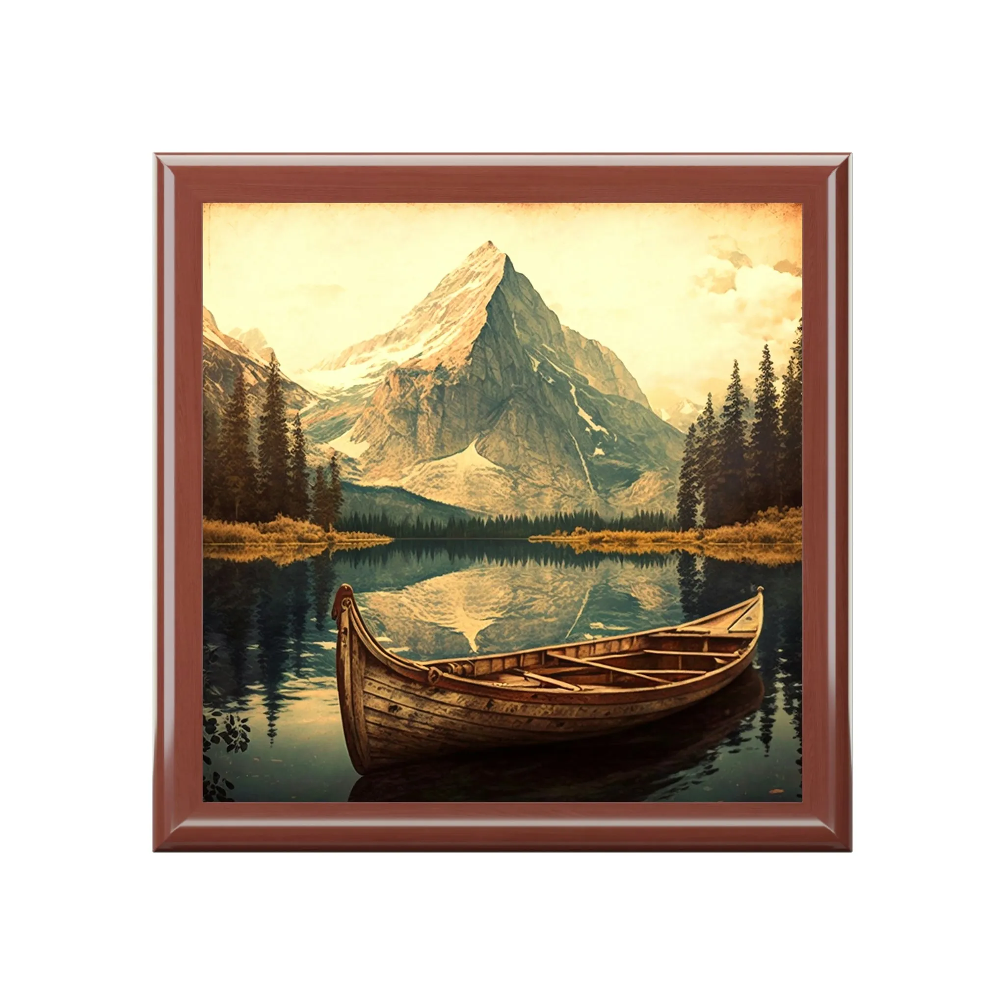 Vintage Canoe Wood Keepsake Jewelry Box with Ceramic Tile Cover