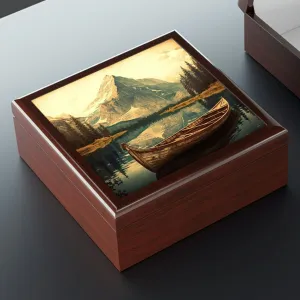 Vintage Canoe Wood Keepsake Jewelry Box with Ceramic Tile Cover