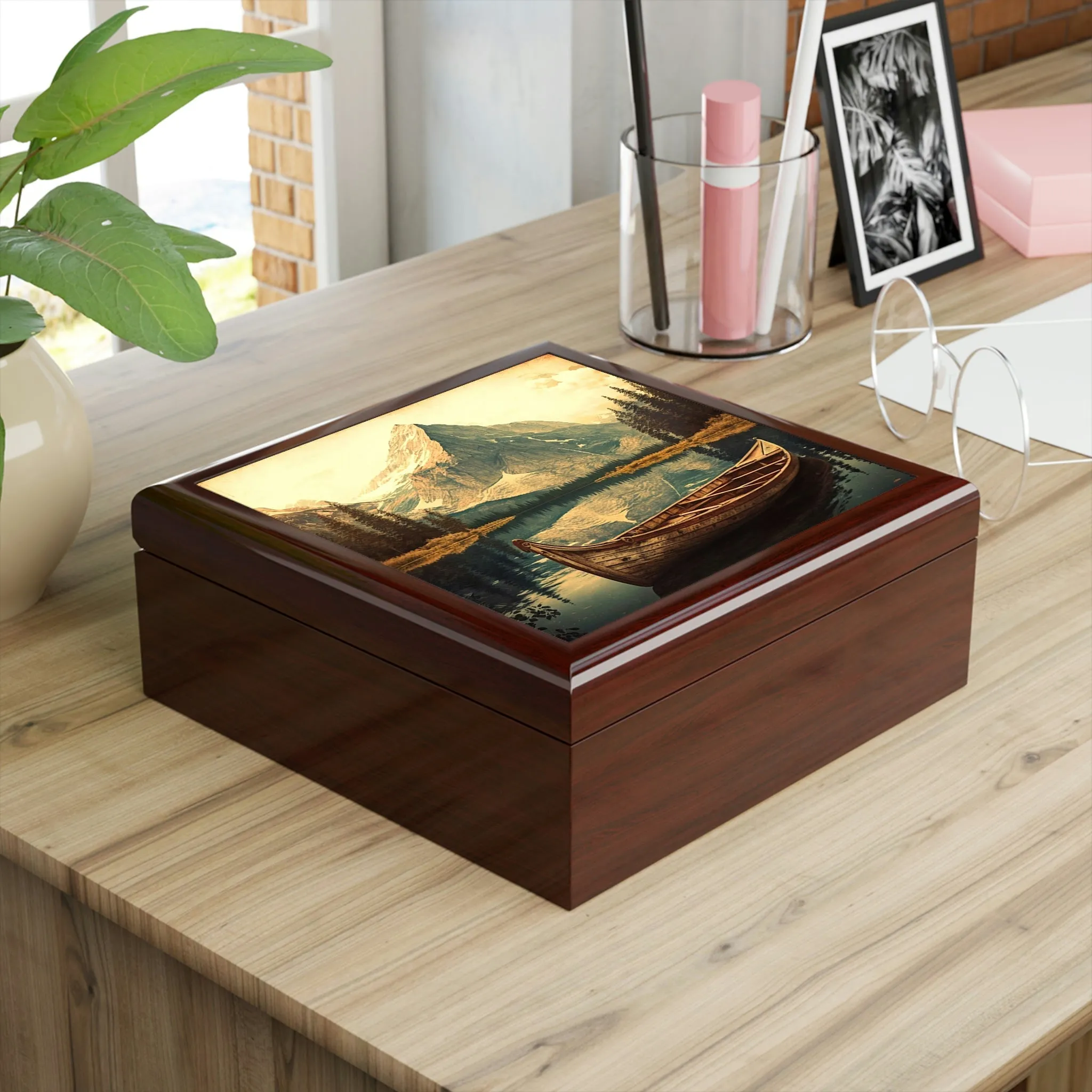 Vintage Canoe Wood Keepsake Jewelry Box with Ceramic Tile Cover