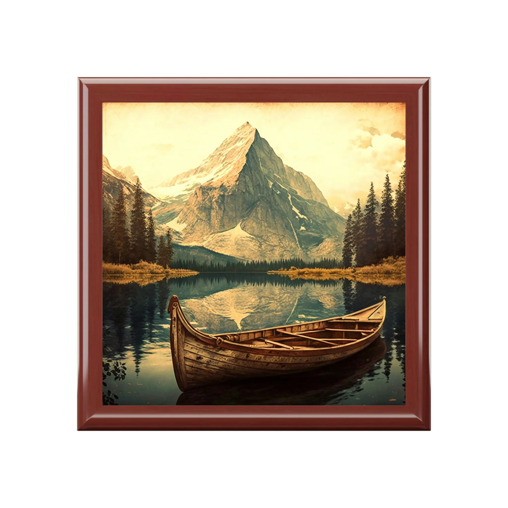 Vintage Canoe Wood Keepsake Jewelry Box with Ceramic Tile Cover