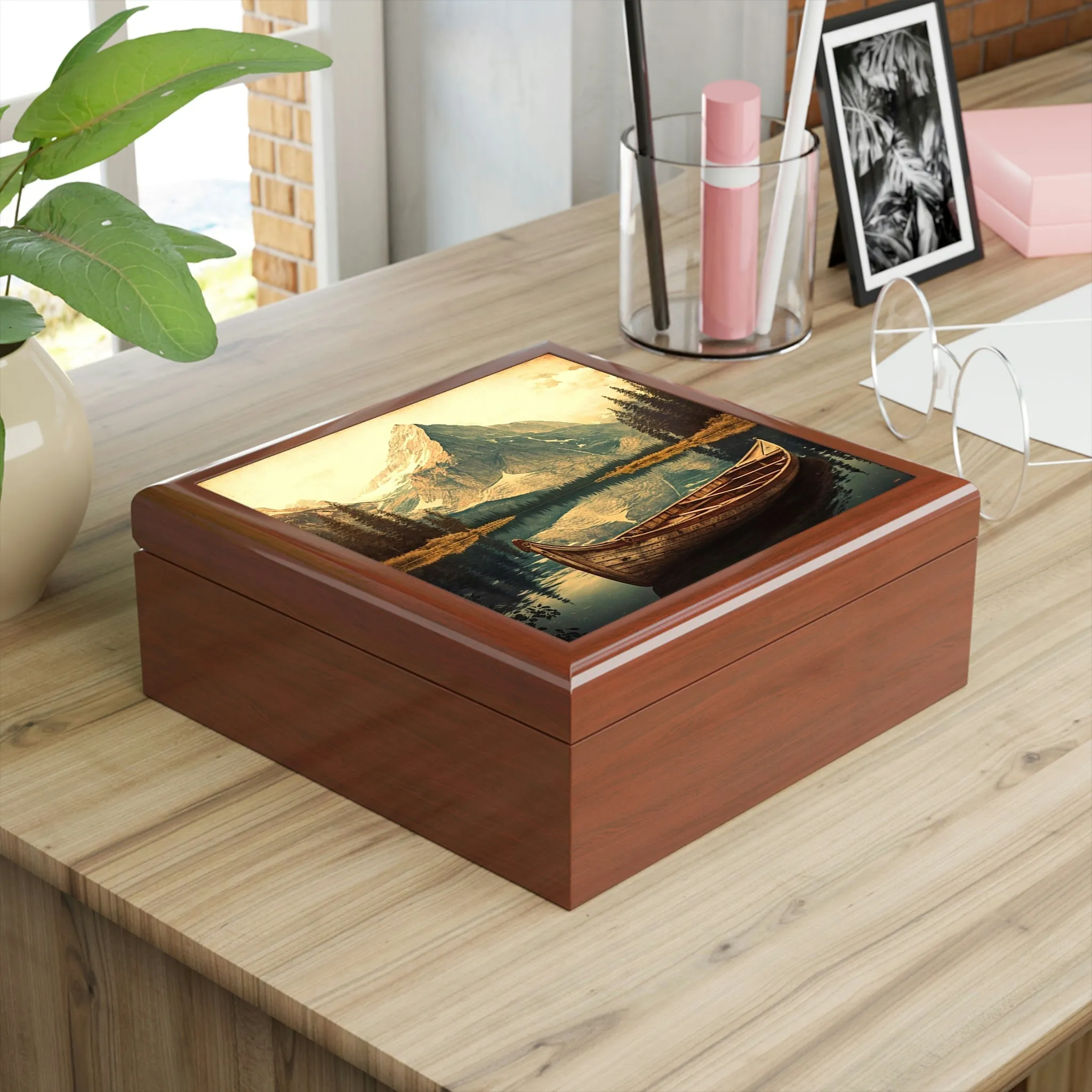 Vintage Canoe Wood Keepsake Jewelry Box with Ceramic Tile Cover