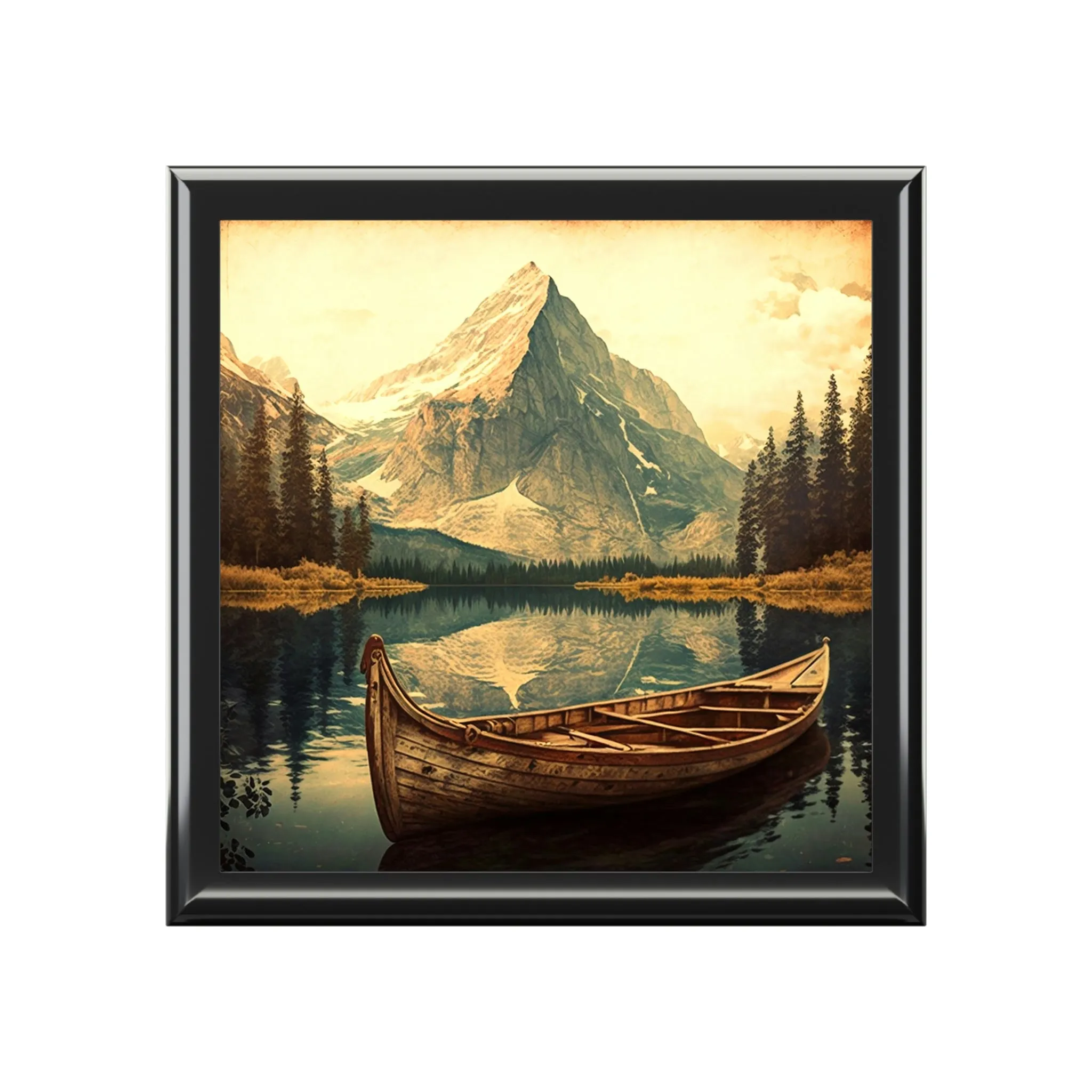 Vintage Canoe Wood Keepsake Jewelry Box with Ceramic Tile Cover
