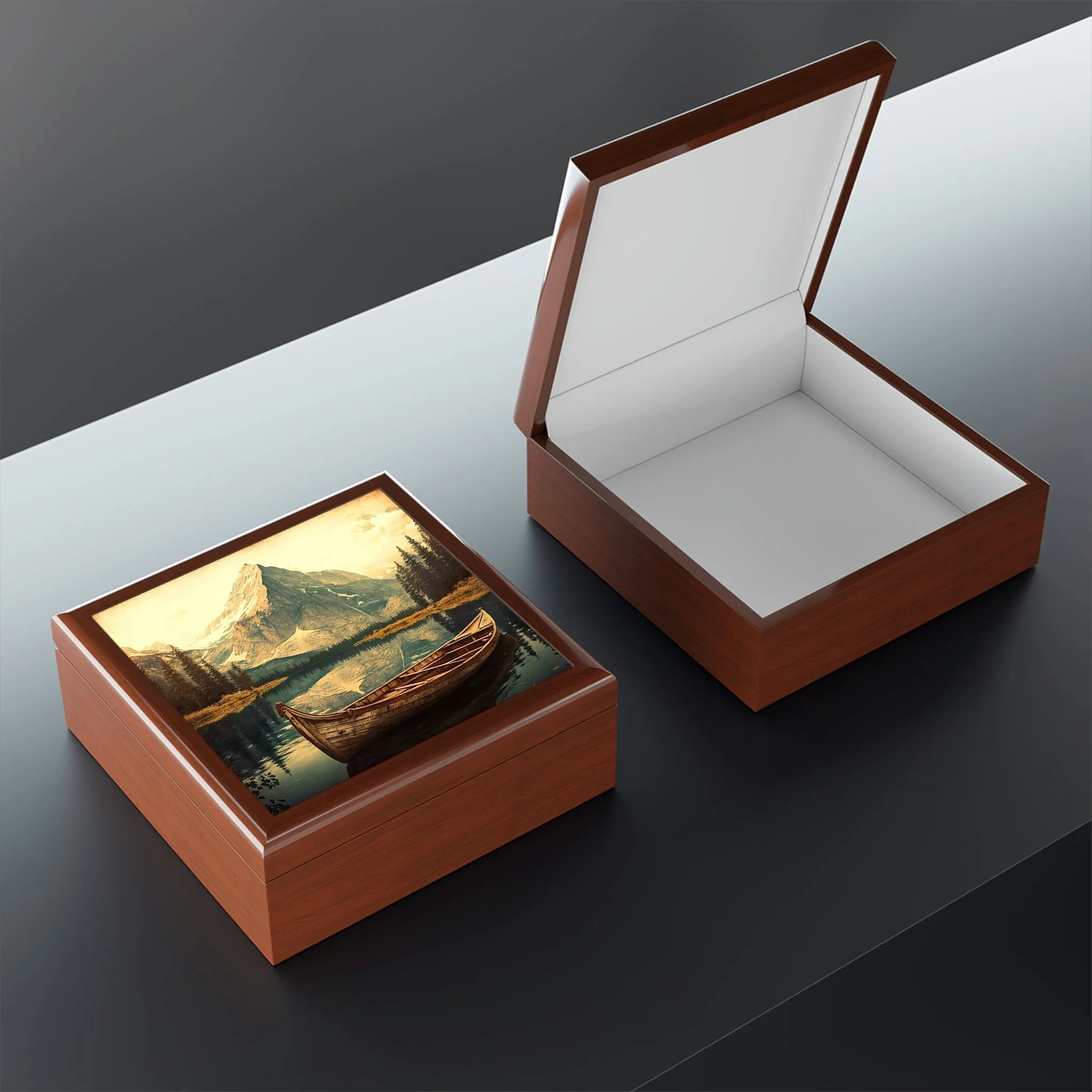 Vintage Canoe Wood Keepsake Jewelry Box with Ceramic Tile Cover